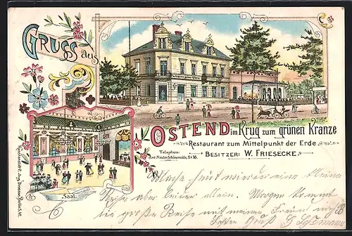 Lithographie Berlin-Oberschöneweide, Ostend an der Wuhlheide, Restaurant zum Mittelpunkt der Erde