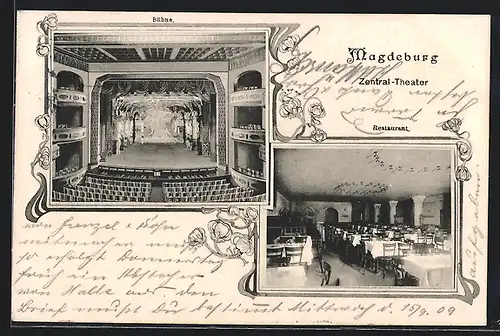 AK Magdeburg, Zentral-Theater mit Bühne und Restaurant