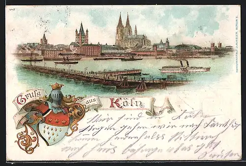 Lithographie Köln, Ansicht vom Ufer, Wappen
