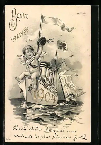 Lithographie Engelbaby sitzt auf einem Schiff mit der Jahreszahl 1904