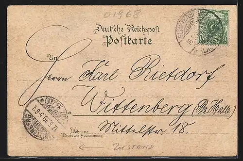 Lithographie Senftenberg /N.-L., Mingaus Hotel, Bahnhof und Post