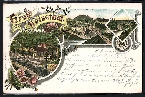 Lithographie Rosenthal, Gasthaus Neissthal, Ortsansichten, Eisenbahn