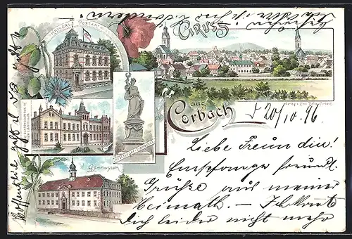Lithographie Corbach, Kaiserl. Postamt, Krieger-Denkmal, Gymnasium, Wittgenstein`sche Altersversorgungs-Anstalt