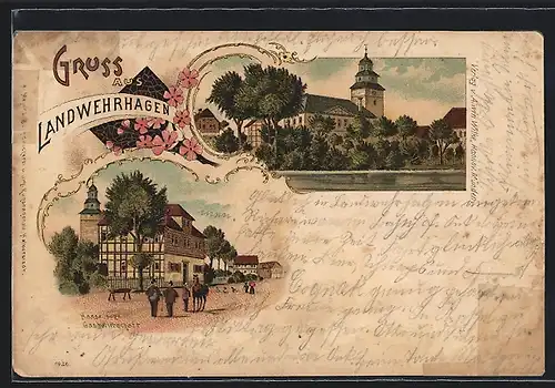 Lithographie Landwehrhagen, Gasthof Haase, Schloss