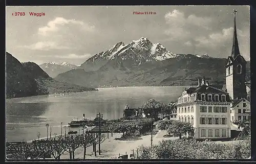 AK Weggis, Seenpanorama vor dem Pilatus mit Teil der Ortschaft