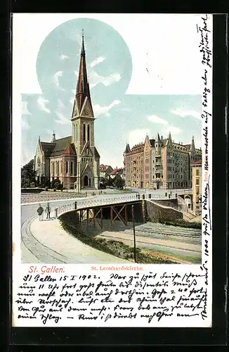 AK St. Gallen, St. Leonhardskirche und Brücke
