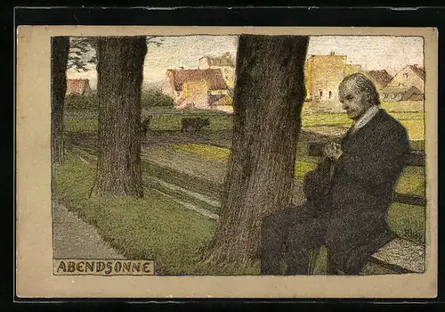 Künstler-Lithographie Paul Hey: Rastender auf einer Bank in der Abensdsonne