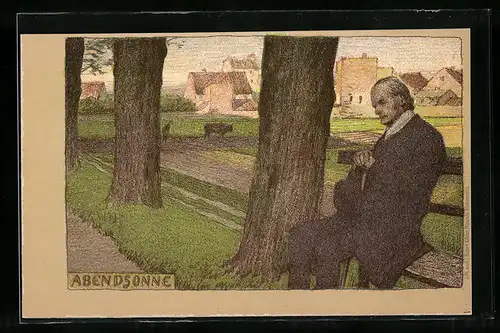 Künstler-Lithographie Paul Hey: Rastender auf einer Bank in der Abensdsonne