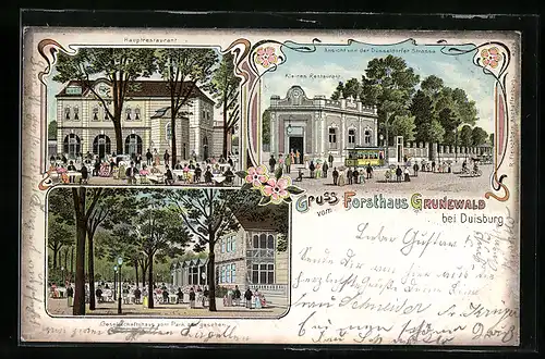 Lithographie Duisburg, Gasthof Forsthaus Grunewald, Hauptrestaurant, Ansicht von der Düsseldorfer Strasse