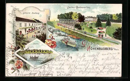 Lithographie Hohenbudberg a. Rhein, Gasthaus Schmitz Budberg, Garten Restauration und Alter Rhein