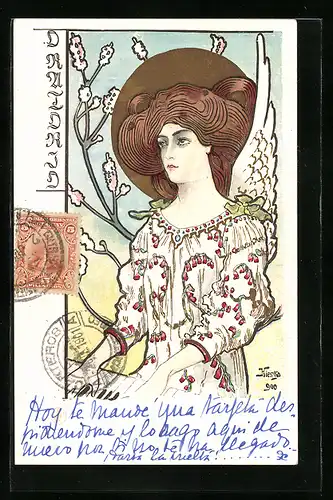 Künstler-AK sign. Kieszko: Dame im weissen Kleid am Klavier, Jugendstil