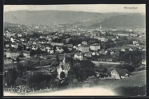 AK Winterthur, Ortsansicht mit Kirche und Friedhof