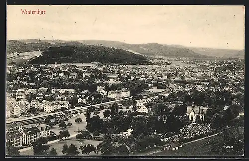 AK Winterthur, Ortsansicht mit Friedhof, Kirche und Bahngleisen