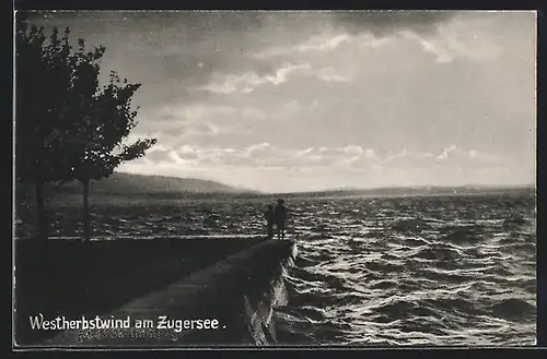 AK Zug, Zwei Personen am unruhigen Zugersee im Westherbstwind