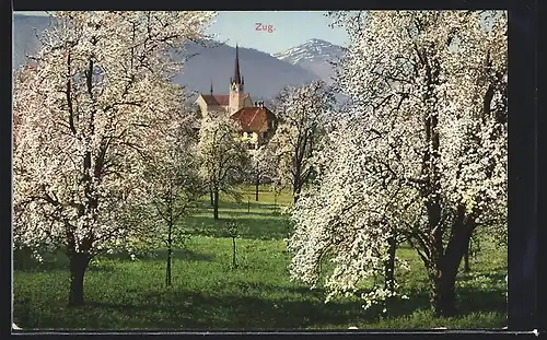 AK Zug, Wiese und blühende Bäume im Frühling vor Kirche