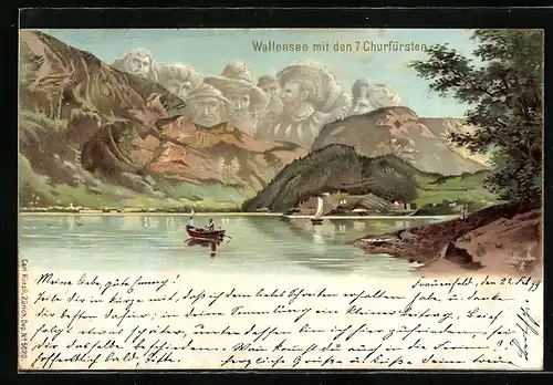 Lithographie Künzli Nr. 5020: Wallensee, Teilansicht mit den 7 Churfürsten und Boot, Berg mit Gesicht / Berggesichter