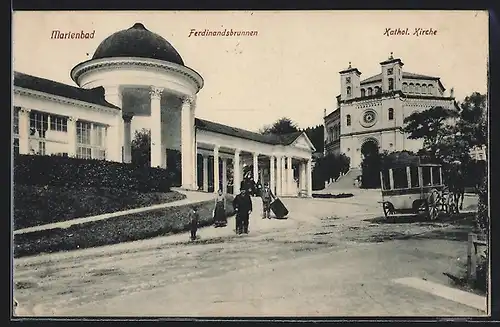 AK Marienbad, Ferdinandsbrunnen und Kath. Kirche