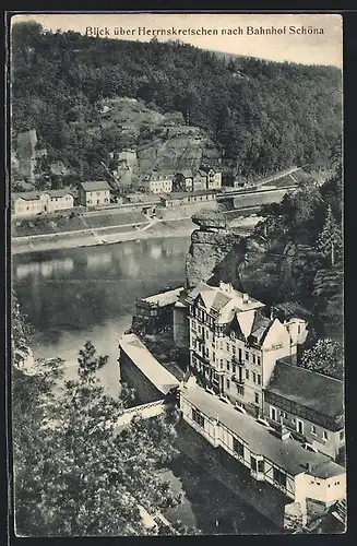 AK Herrnskretschen, Blick über den Ort nach Bahnhof Schöna