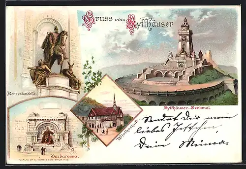 Lithographie Kyffhäuser, Reiterstandbild, Barbarossa, Wirtschaft, Kyffhäuser Denkmal
