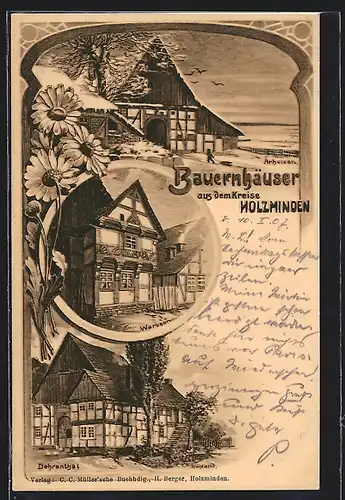 Künstler-AK Warbsen /Kr. Holzminden, Bauernhaus, Bauernhäuser in Dehrenthal und Arholzen