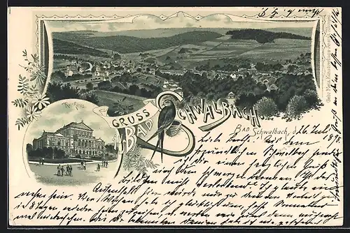 Lithographie Bad Schwalbach, Ortsansicht aus der Vogelschau und Kurhaus