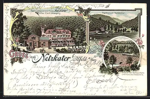 Lithographie Ilfeld a. Harz, Gasthaus-Pension Netzkater, Viadukt der Harzquerbahn