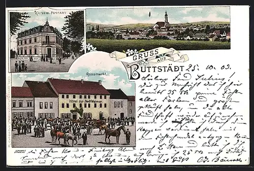 Lithographie Buttstädt, Hotel zur Stadt Weimar mit Pferdemarkt, Postamt, Gesamtansicht