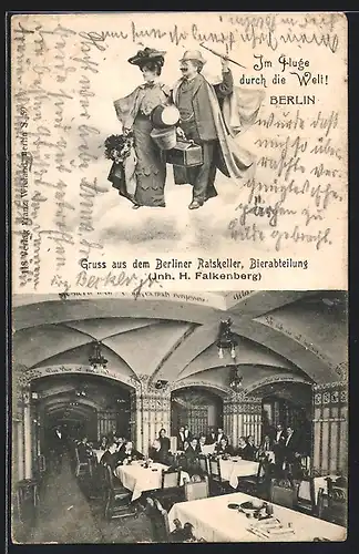 AK Berlin-Schöneberg, Gruss aus dem Ratskeller, Bierabteilung, Bes. H. Falkenberg, Fliegende Menschen