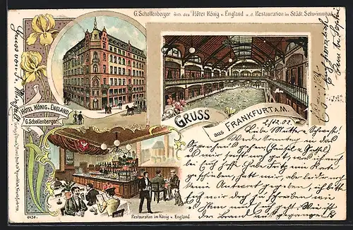 Lithographie Frankfurt /Main, Hotel König von England, Restaurant im Städt. Schwimmbad