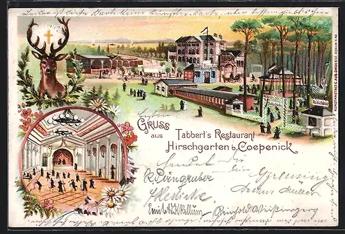 Lithographie Berlin-Kreuzberg, Hirschgarten b. Coepenick, Tabbert`s Restaurant mit Tanzsaal