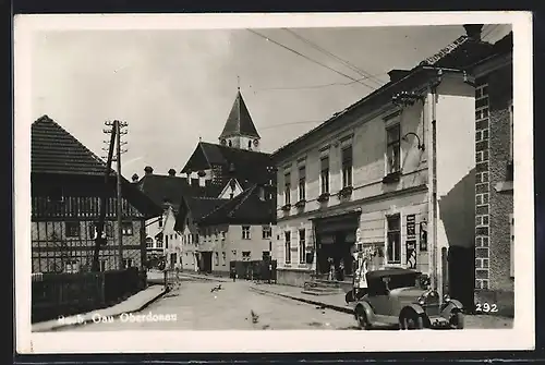 AK Raab, Strassenpartie im Ortskern, Blick zum Kirchturm