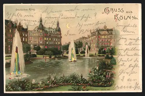 Lithographie Köln a. Rh., Anlagen und Gebäude am Deutschen Ring, beleuchtete Fenster und Fontäne, Halt gegen das Licht