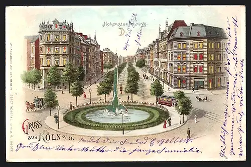 Lithographie Köln-Neustadt, Hohenstaufenring mit Brunnenanlage, leuchtende Fontäne, Halt gegen das Licht