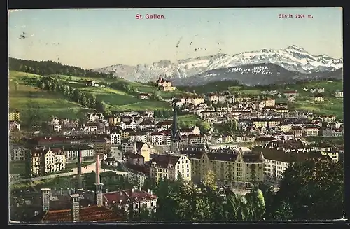 AK St. Gallen, Ortsansicht mit Kirche und Säntis