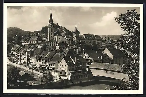 AK Baden, Ortsansicht mit Kirche und Wasserpartie