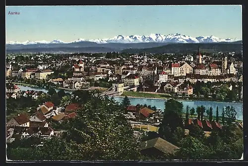 AK Aarau, Ortsansicht mit Brücke gegen die Berge