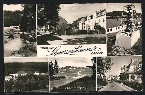 AK Schwarzenhammer, Glockenturm, Porzellanstrasse und Ortspartie