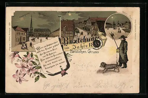 Lithographie Buxtehude, Marktplatz u. Rathaus im Jahre 1855, Geest-Tor, Lange Strasse, Nachtwächter mit Hund