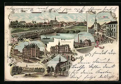 Lithographie Linnich, Krankenhaus, Molkerei und Kirchplatz m. Kath. Kirche