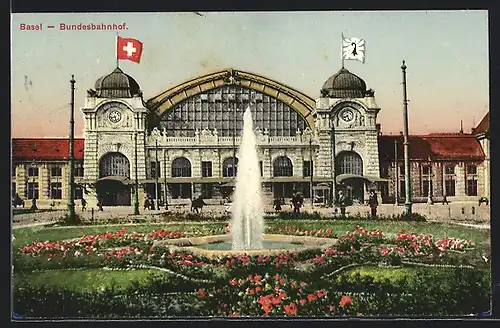 AK Basel, Bundesbahnhof mit Wasserspiel