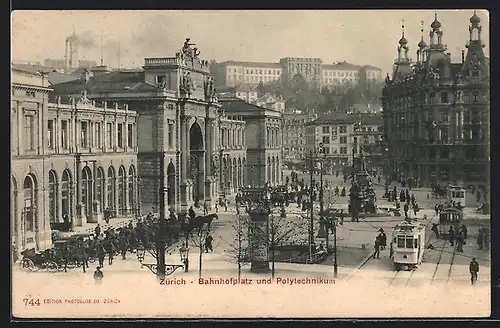 AK Zürich, Bahnhof und Strassenbahn