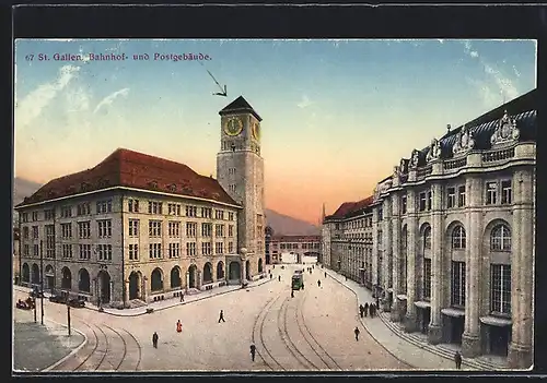 AK St. Gallen, Strassenpartie mit Bahnhof und Postgebäude aus der Vogelschau