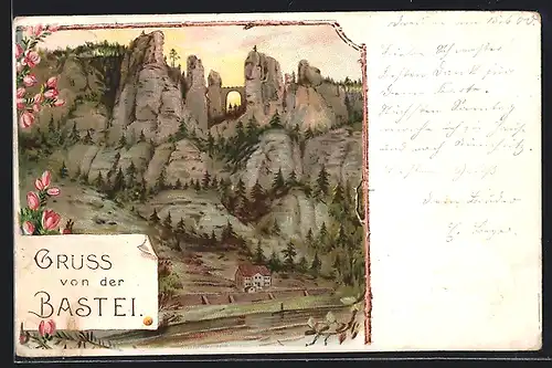 Lithographie Bastei, Blick zum Tor