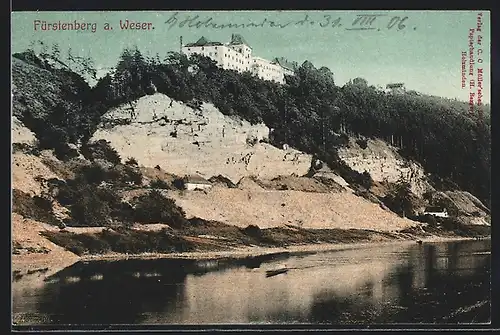 AK Fürstenberg a. Weser, Schloss über Flusslauf