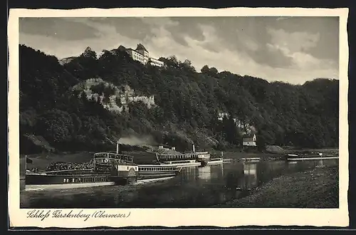 AK Fürstenberg (Oberweser), Dampfer mit Schloss im Hintergrund