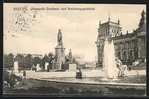 AK Berlin, Bismarck-Denkmal und Reichstagsgebäude