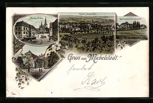 Lithographie Michelstadt, Kaltwasserheil-Anstalt, Torbogen, Marktplatz