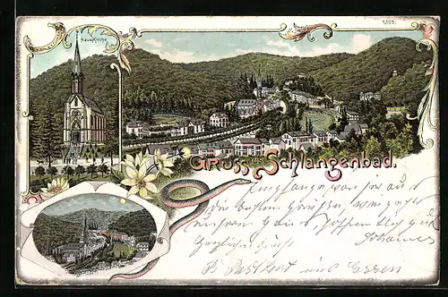 Lithographie Schlangenbad, Teilansicht, Neue Kirche, Ortspartie