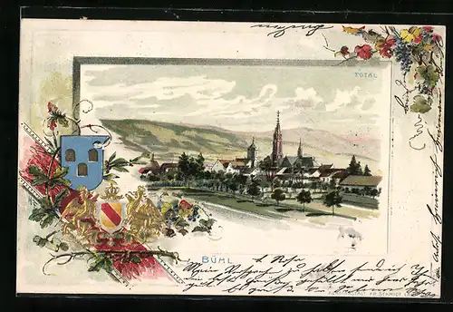 Passepartout-Lithographie Bühl / Baden, Totalansicht mit Kirche, Wappen