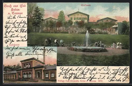 AK Bad Soden a. Taunus, Kurhaus mit Springbrunnen, Badehaus